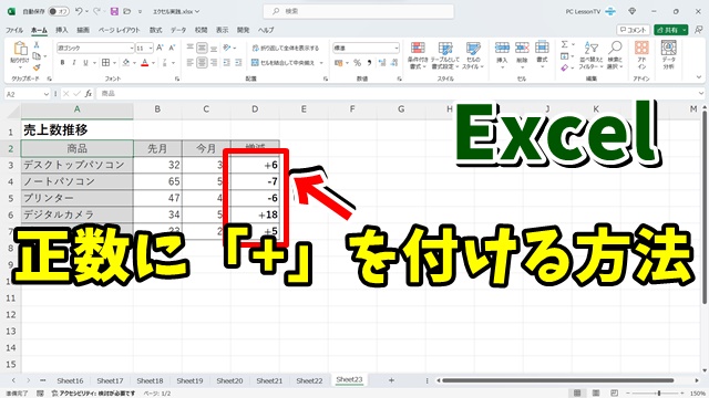 Excelでプラスの数値（正数）の左側に「+」の記号を表示させる方法